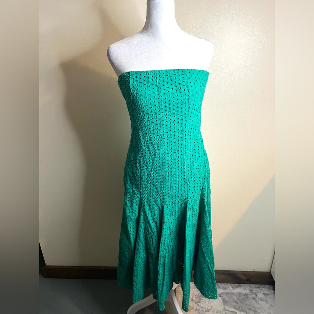 Maeve Anthropologie Lelia Eyelet Strapless Midi Dress in Vibrant Teal